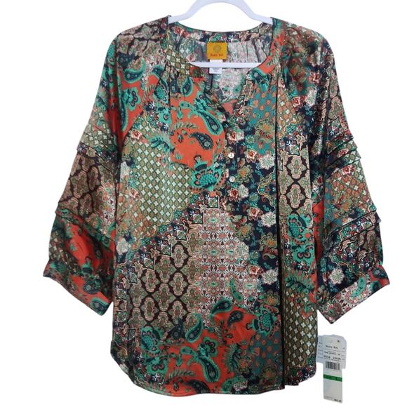 Ruby Rd. Women's Flowing Paisley Patchwork Henley Top Teal MultiColor Size L - Picture 1 of 11